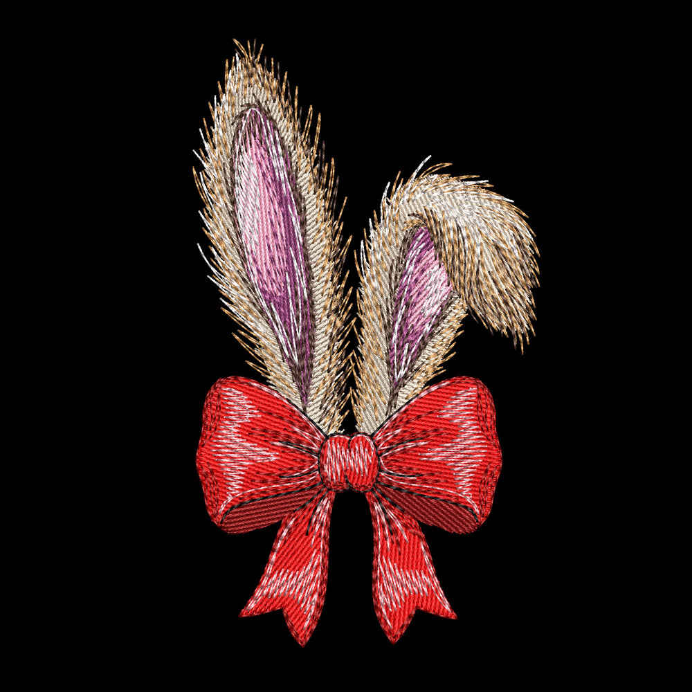 Machine embroidery design of bunny ears with red bow, fluffy fur texture, detailed stitches, embroidery design on dark background.