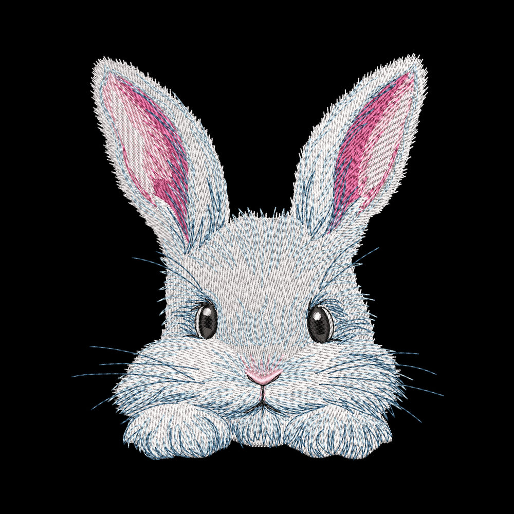 Cute bunny machine embroidery design in realistic style, rabbit face embroidery for spring and seasonal textile projects