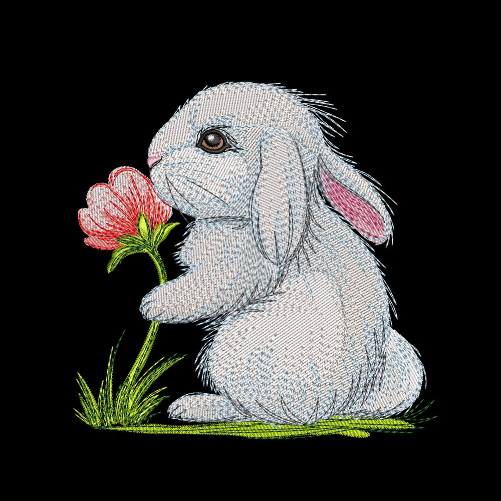 Cute bunny machine embroidery design sniffing a flower, soft spring animal embroidery pattern for kids and creative projects