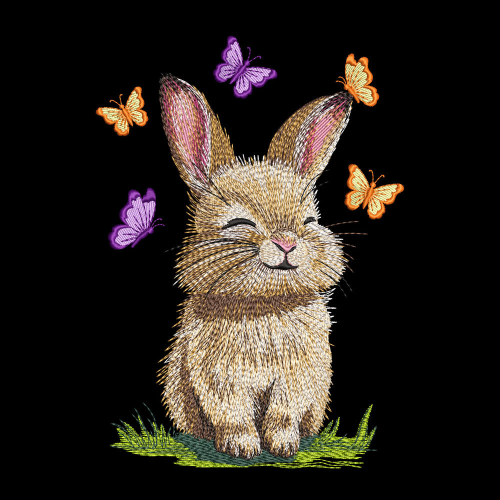 Cute bunny machine embroidery design with butterflies, spring animal embroidery pattern for children projects