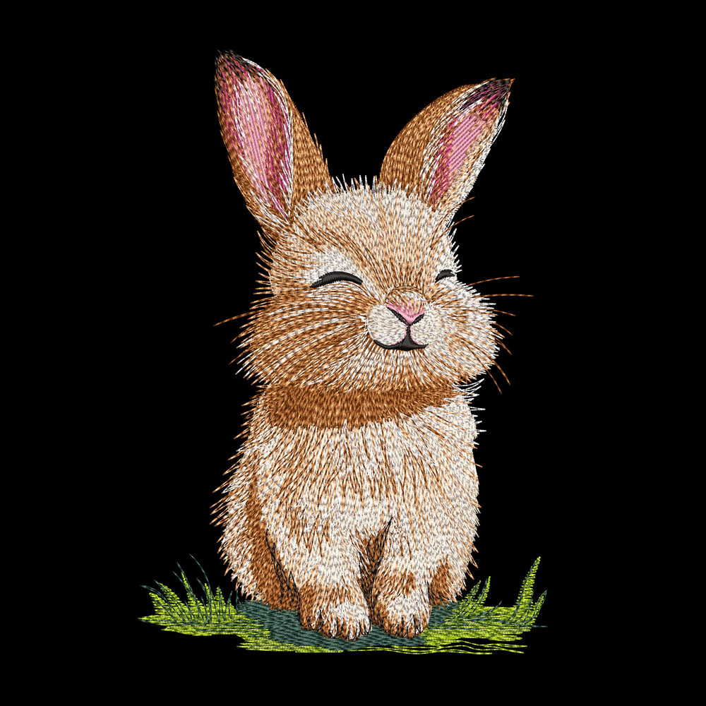 Cute bunny machine embroidery design sitting on grass, spring animal embroidery pattern for kids and seasonal projects