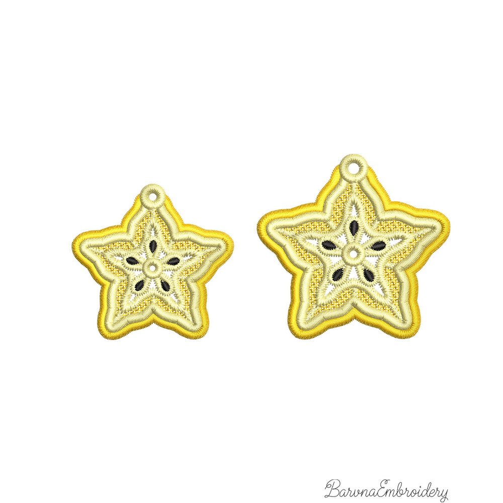 FSL carambola star fruit embroidery designs in two sizes — warm gold lace star shape with cream inner pattern and dark seed details — finished stitched results, Free Standing Lace machine embroidery pattern for earrings and pendants.