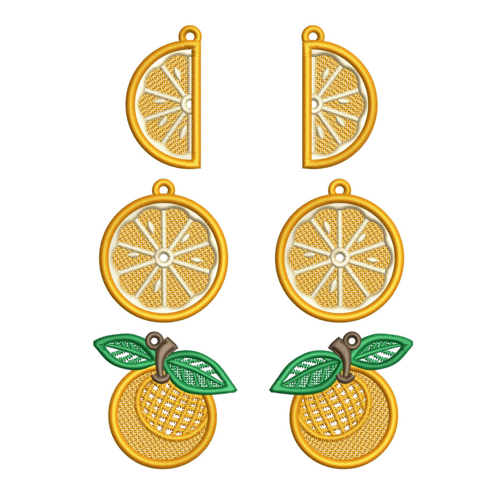 Three pairs of FSL orange embroidery designs — half-slice, whole orange with green leaves, and round citrus cross-section — Free Standing Lace machine embroidery pattern for earrings and pendants.
