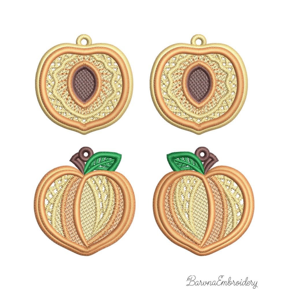 FSL peach embroidery designs in two styles — symmetrical peach half with stone center and whole peach with green leaf — shown as mirrored pairs, Free Standing Lace machine embroidery pattern for earrings and pendants.