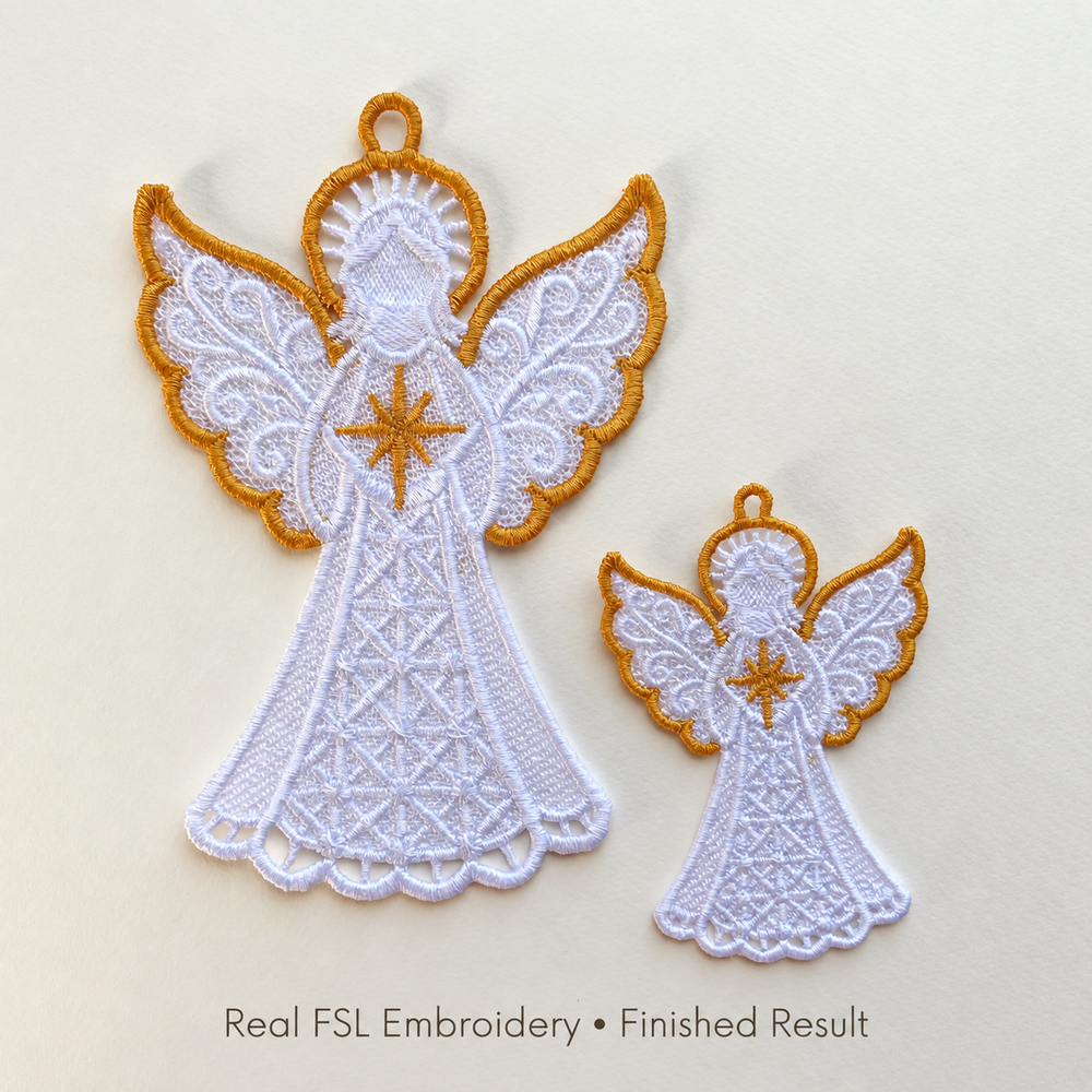 Two finished lace angel ornaments in different sizes on a cream background, with white gowns, gold wing borders, halos and stars.