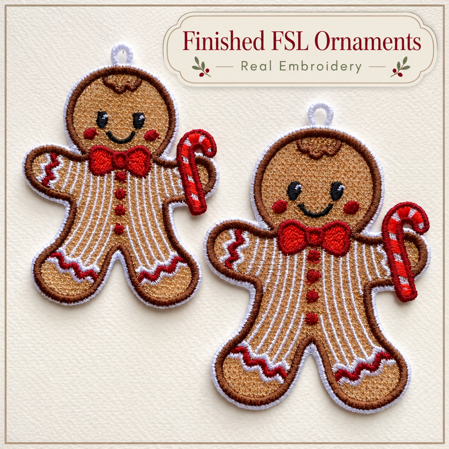 Two finished gingerbread boy lace ornaments with red bow ties and candy canes on a cream background.