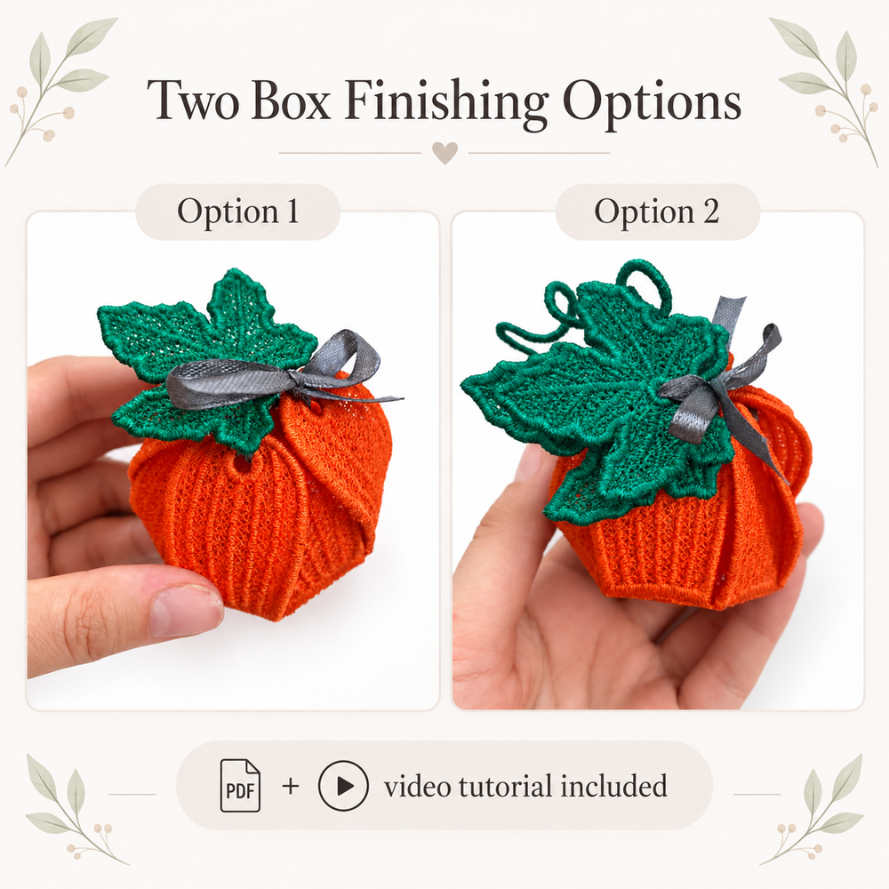 Two finishing options for a 3D Pumpkin FSL gift box with layered leaves and ribbon closures