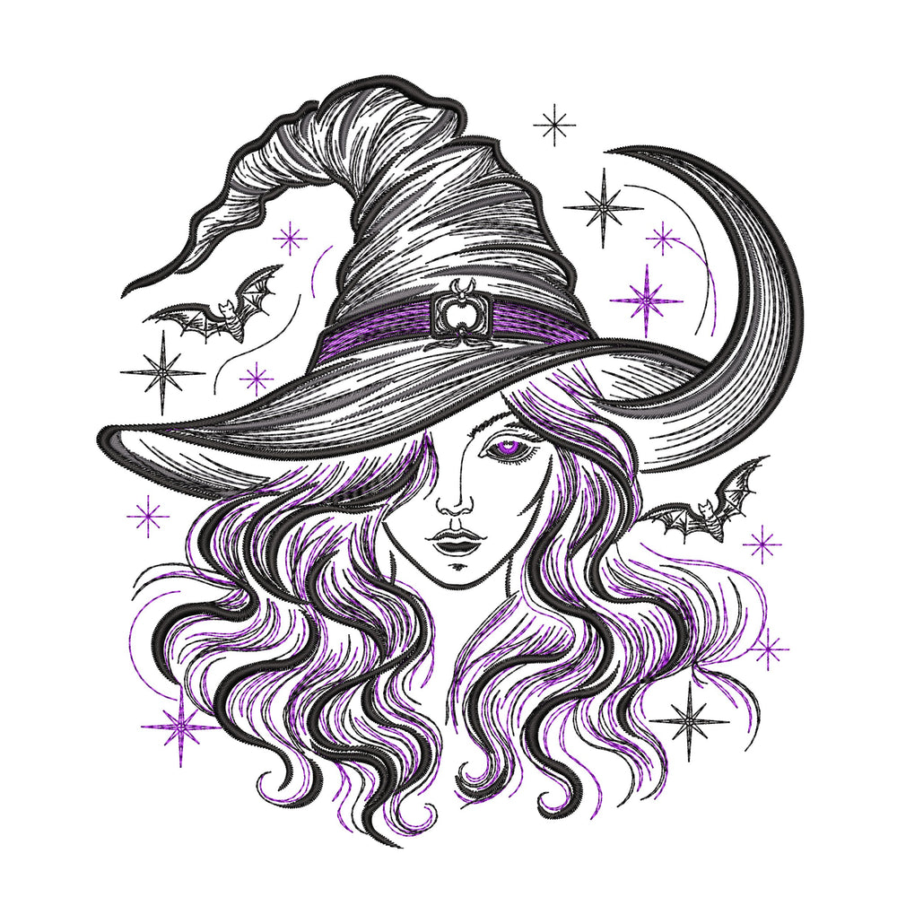 Witch portrait embroidery preview on white with dark outlines, flowing hair, a pointed hat and purple details.