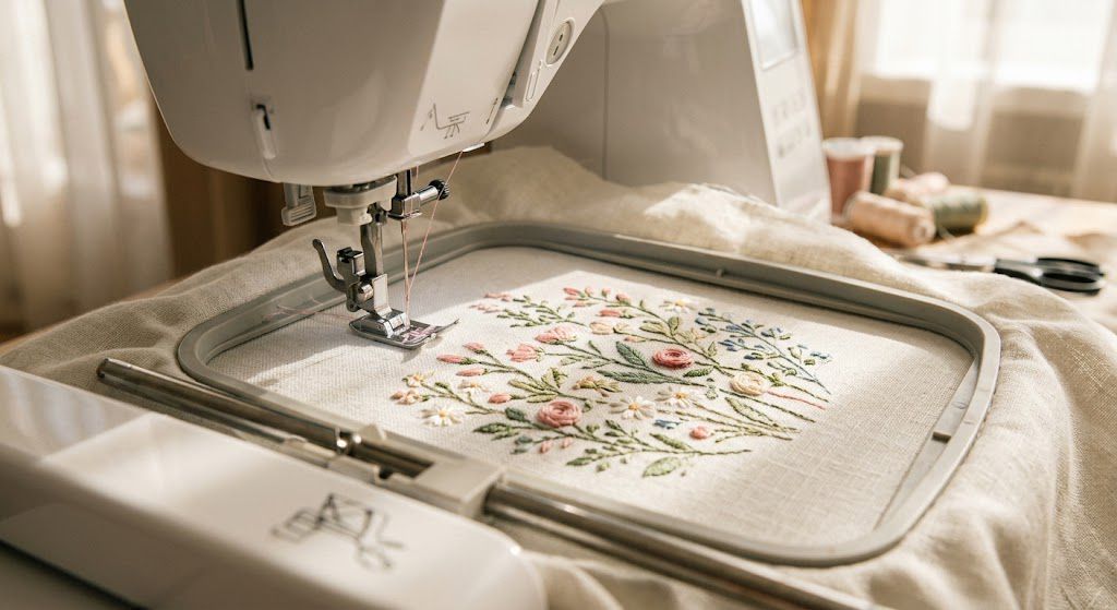 Machine embroidery process with embroidery machine stitching a design on fabric