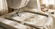 Machine embroidery process with embroidery machine stitching a design on fabric
