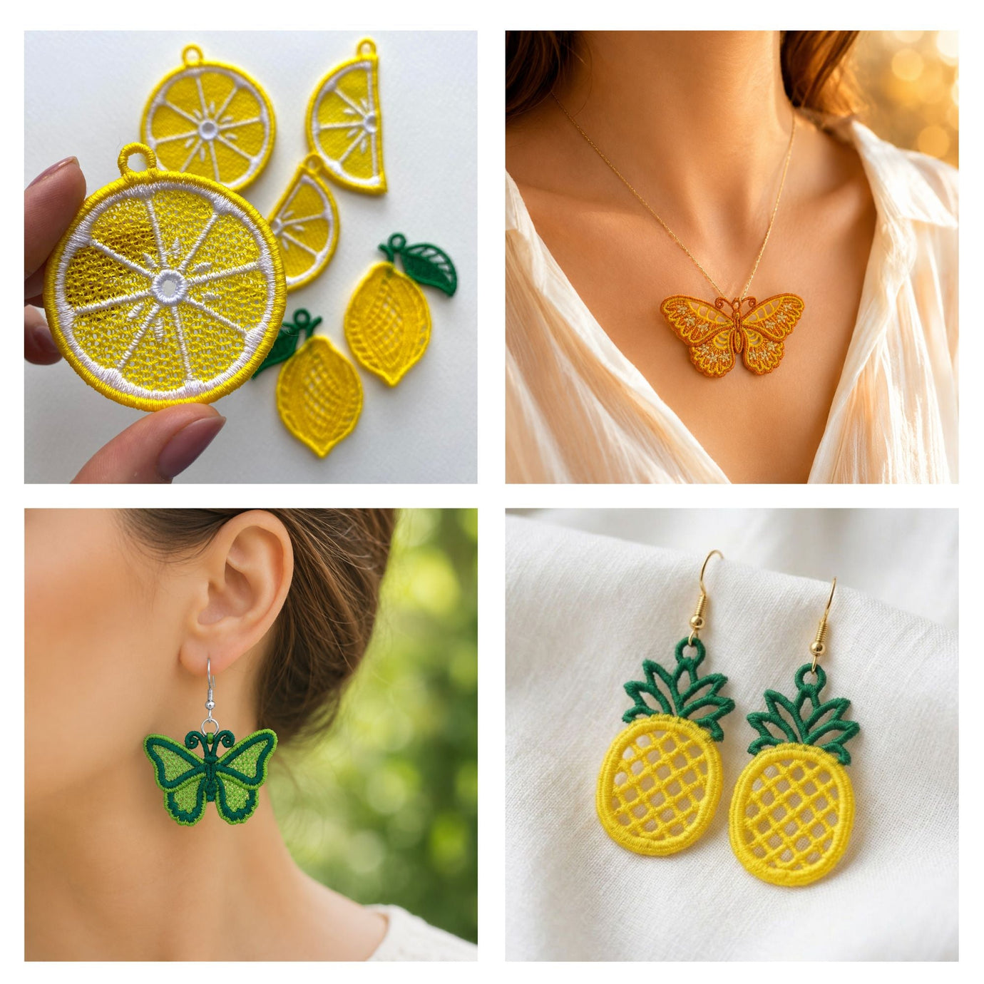 FSL embroidery designs for earrings pendants keychains and accessories made with free standing lace machine embroidery