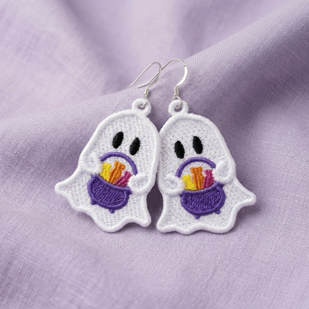 Collection of white FSL ghost embroidery designs with colorful Halloween accessories