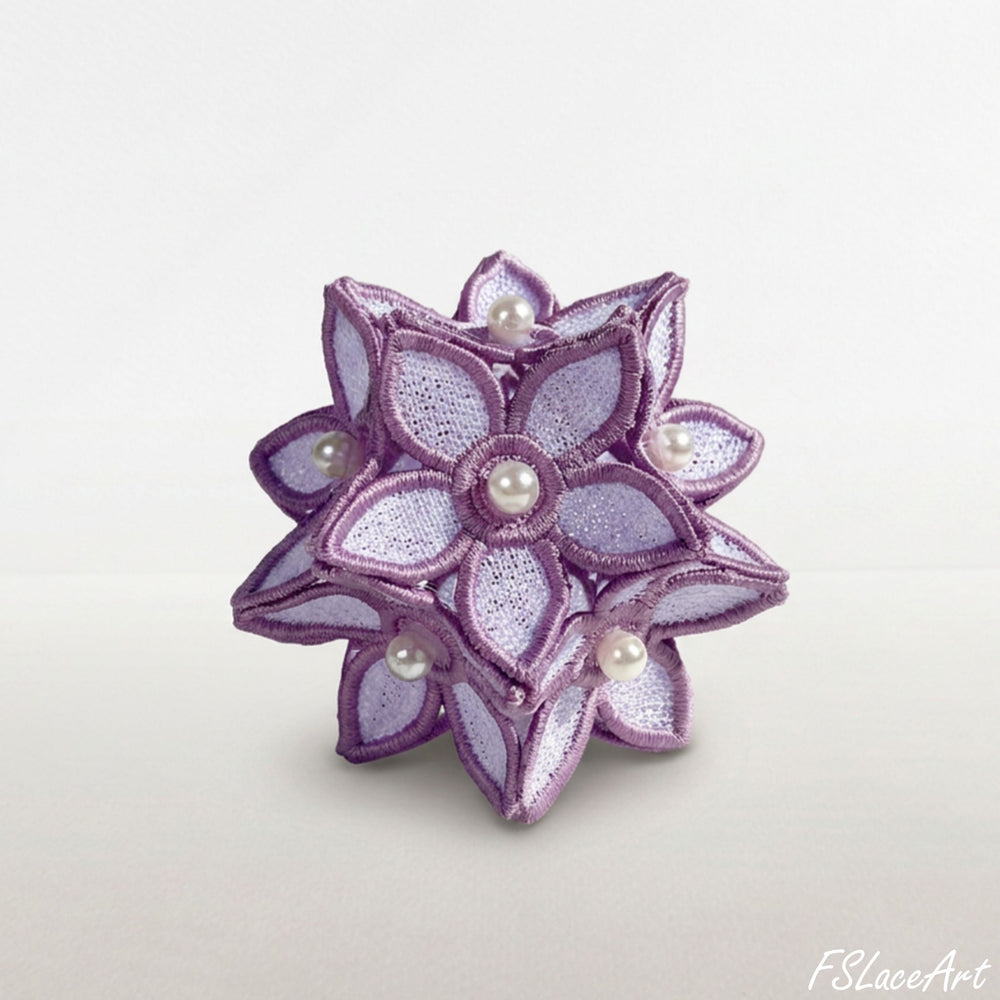 Finished lilac 3D floral ball made from layered FSL flowers with white pearl bead centers