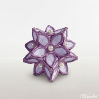 Finished lilac 3D floral ball made from layered FSL flowers with white pearl bead centers
