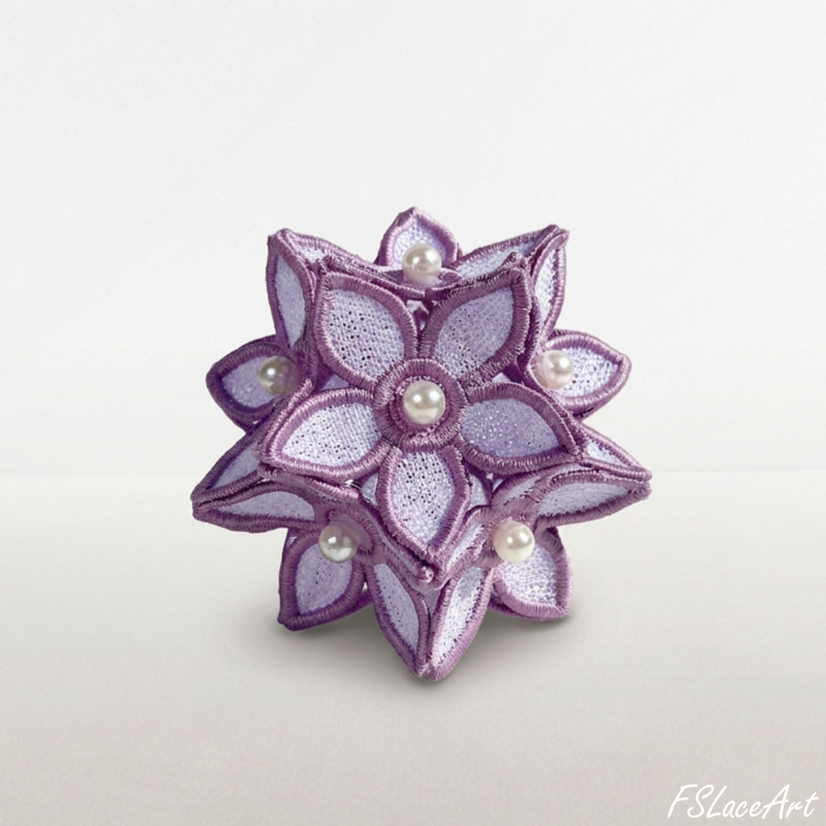 Finished lilac 3D floral ball made from layered FSL flowers with white pearl bead centers