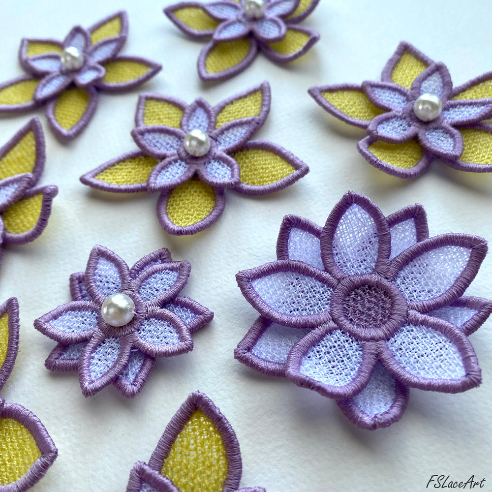 Layered lilac, white and yellow FSL flower pieces with pearl bead centers for assembling a 3D floral ball