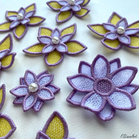 Layered lilac, white and yellow FSL flower pieces with pearl bead centers for assembling a 3D floral ball