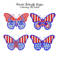 Patriotic butterfly machine embroidery designs in red white and blue with stars stripes and 250 celebration theme.