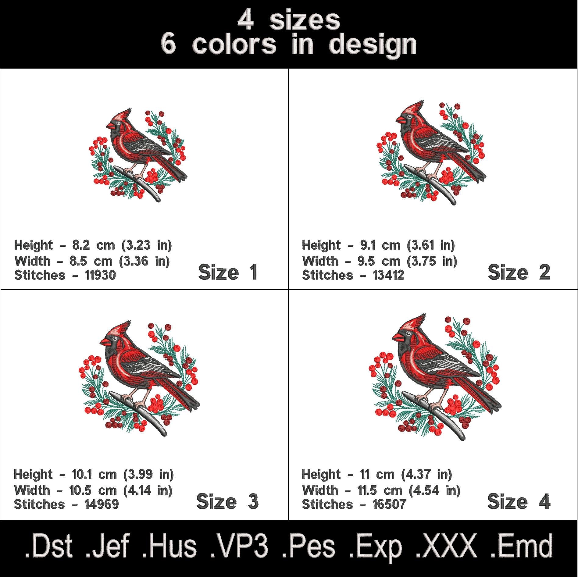 Cardinal Bird Embroidery Designs - Set of 4 designs.