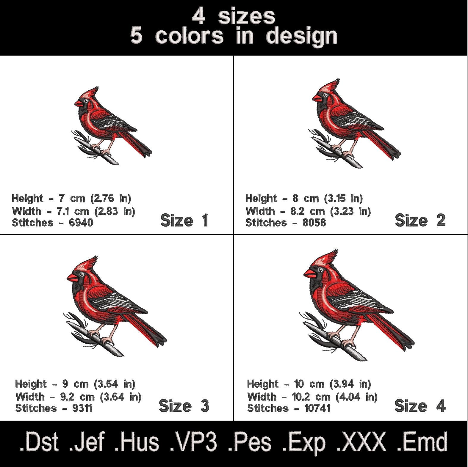 4 Red Cardinal embroidery designs for machine.