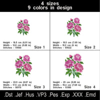Beautiful machine embroidery design featuring a detailed bouquet of peony flowers in full bloom, perfect for decorative stitching.
