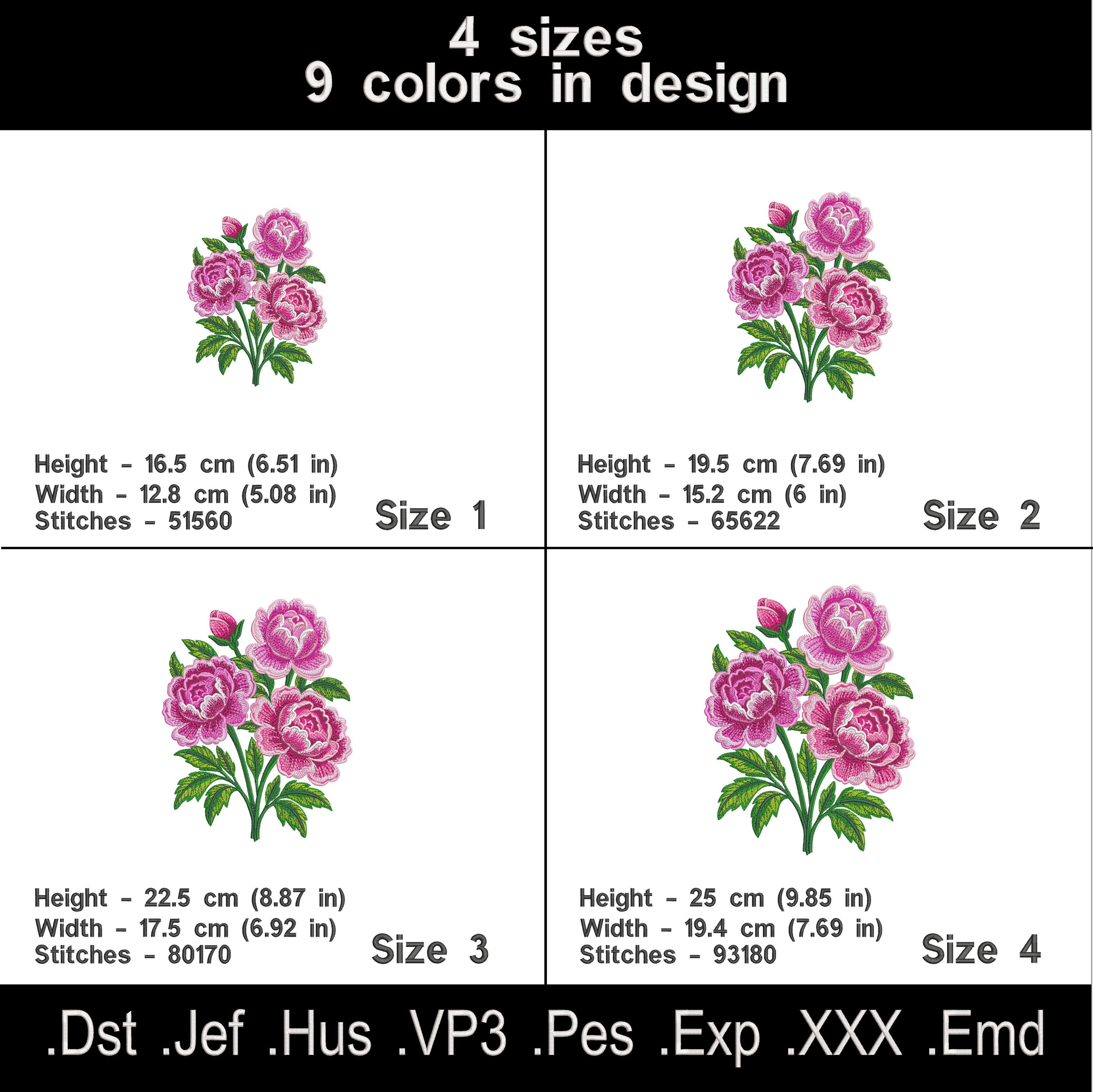 Beautiful machine embroidery design featuring a detailed bouquet of peony flowers in full bloom, perfect for decorative stitching.