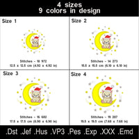 Cute Christmas Cat on Moon Applique Machine Embroidery Design with Santa Hat and Stars