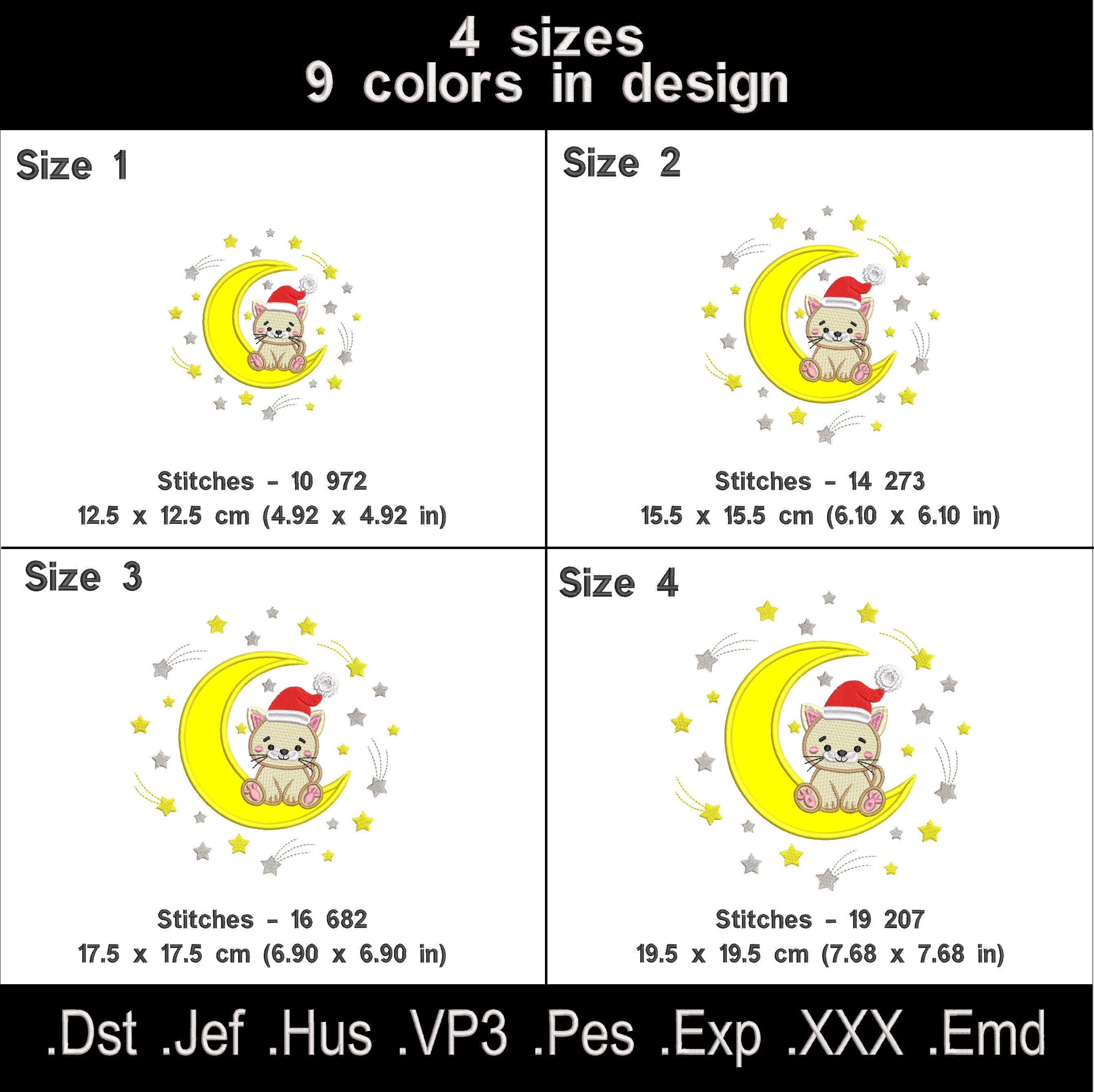 Cute Christmas Cat on Moon Applique Machine Embroidery Design with Santa Hat and Stars