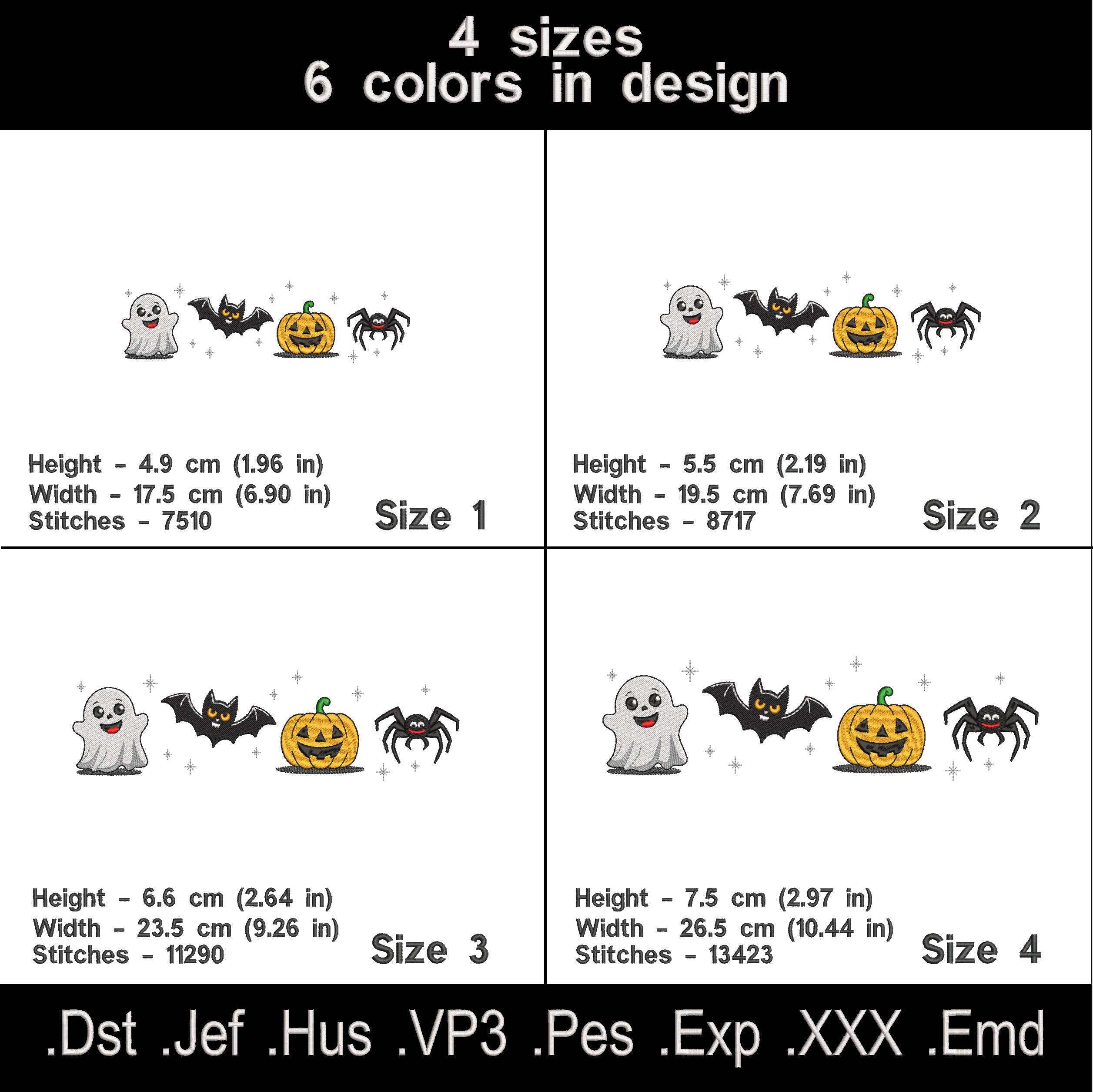 Halloween embroidery design with ghost, bat, pumpkin, and spider in a cute spooky style – perfect for seasonal projects.