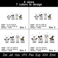 Halloween embroidery design with four cute funny ghosts – perfect for spooky seasonal sewing projects.