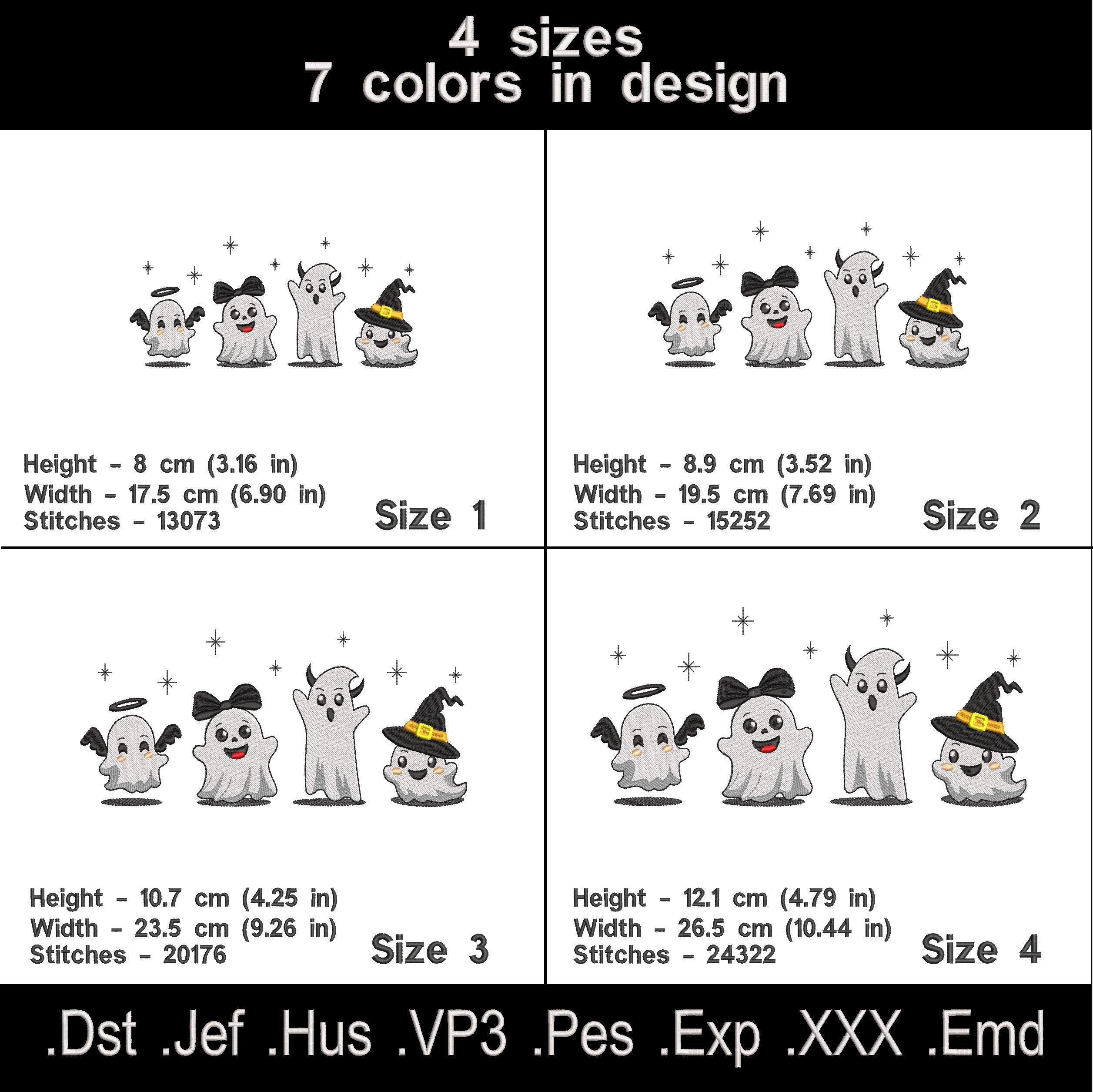 Halloween embroidery design with four cute funny ghosts – perfect for spooky seasonal sewing projects.