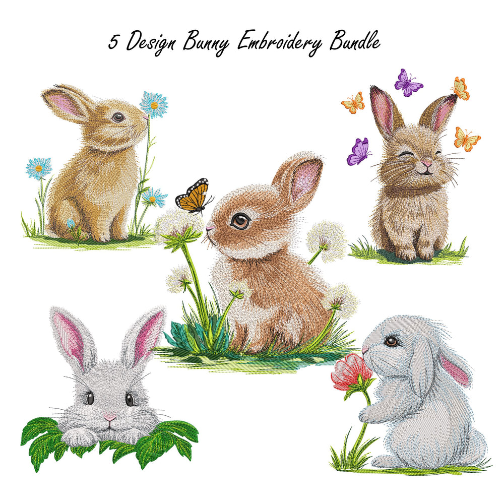 A collection of five high-quality machine embroidery designs: bunnies with butterflies, wildflowers, dandelions, and spring greenery in a realistic style.