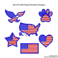 Set of 6 USA-themed machine embroidery designs: map, flag, heart, star, paw print, and eagle, all in American flag style.
