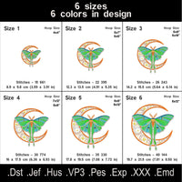 Four luna moth machine embroidery designs with celestial and decorative elements