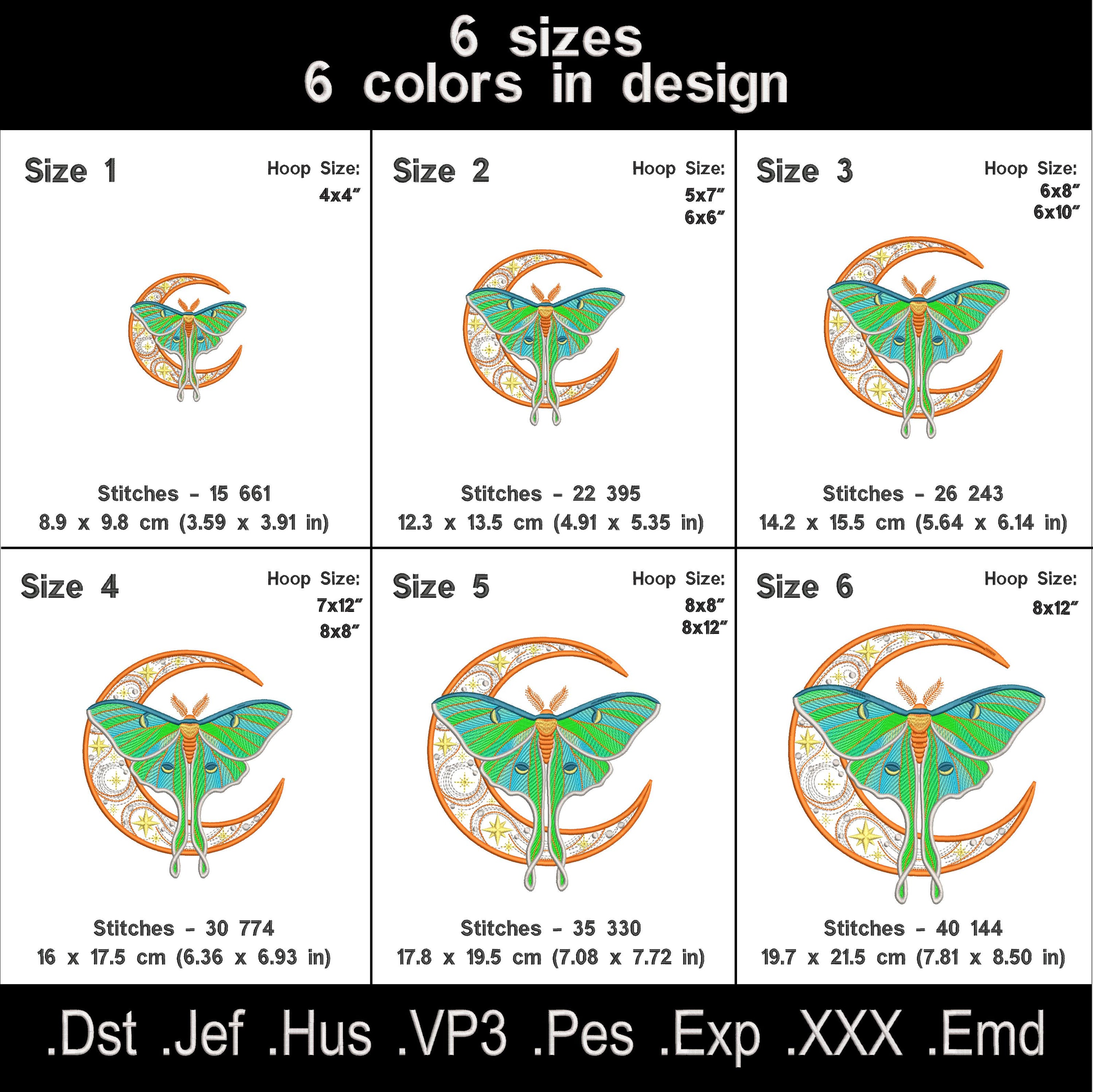 Four luna moth machine embroidery designs with celestial and decorative elements