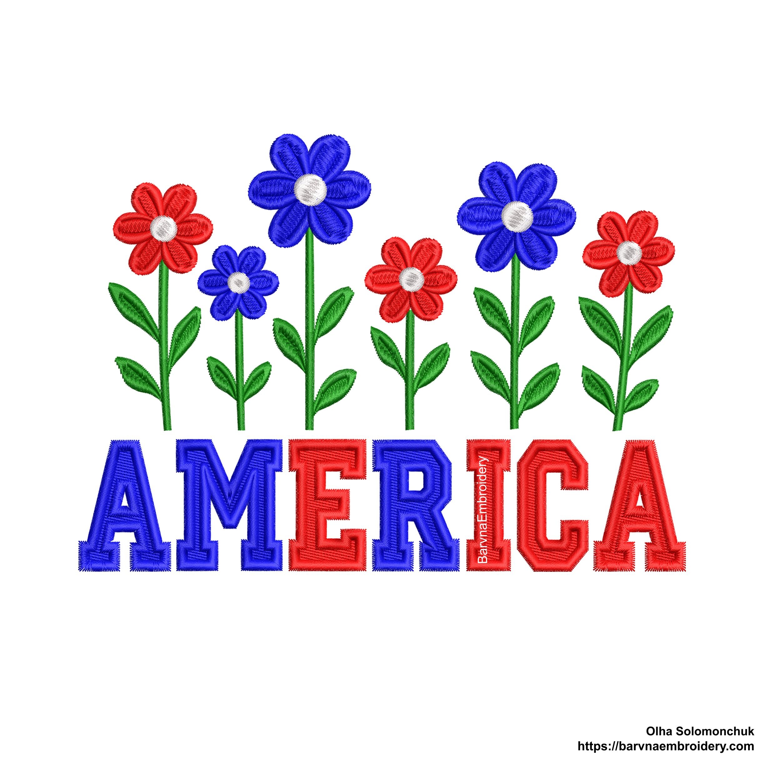 Machine embroidery design of the word “America” decorated with red, white, and blue flowers, perfect for patriotic crafts and 4th of July projects.