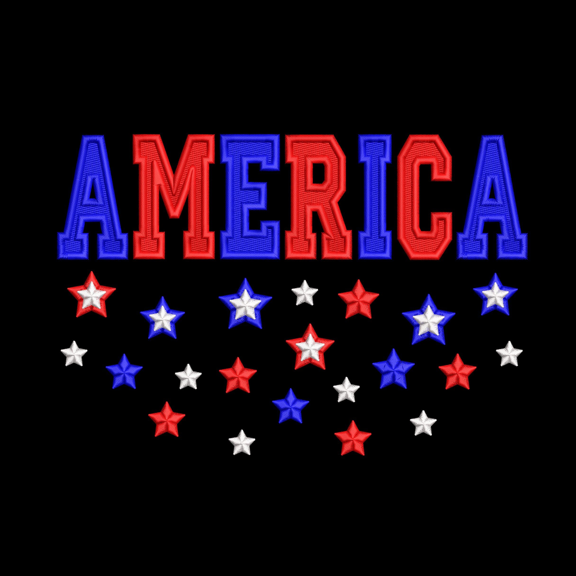 Machine embroidery design featuring the word “America” in bold red and blue letters with scattered red, white, and blue stars below, perfect for patriotic projects.