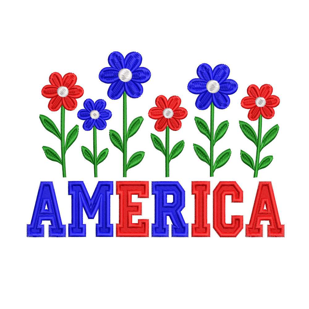 Patriotic America machine embroidery design with red blue flowers and decorative lettering embroidery pattern