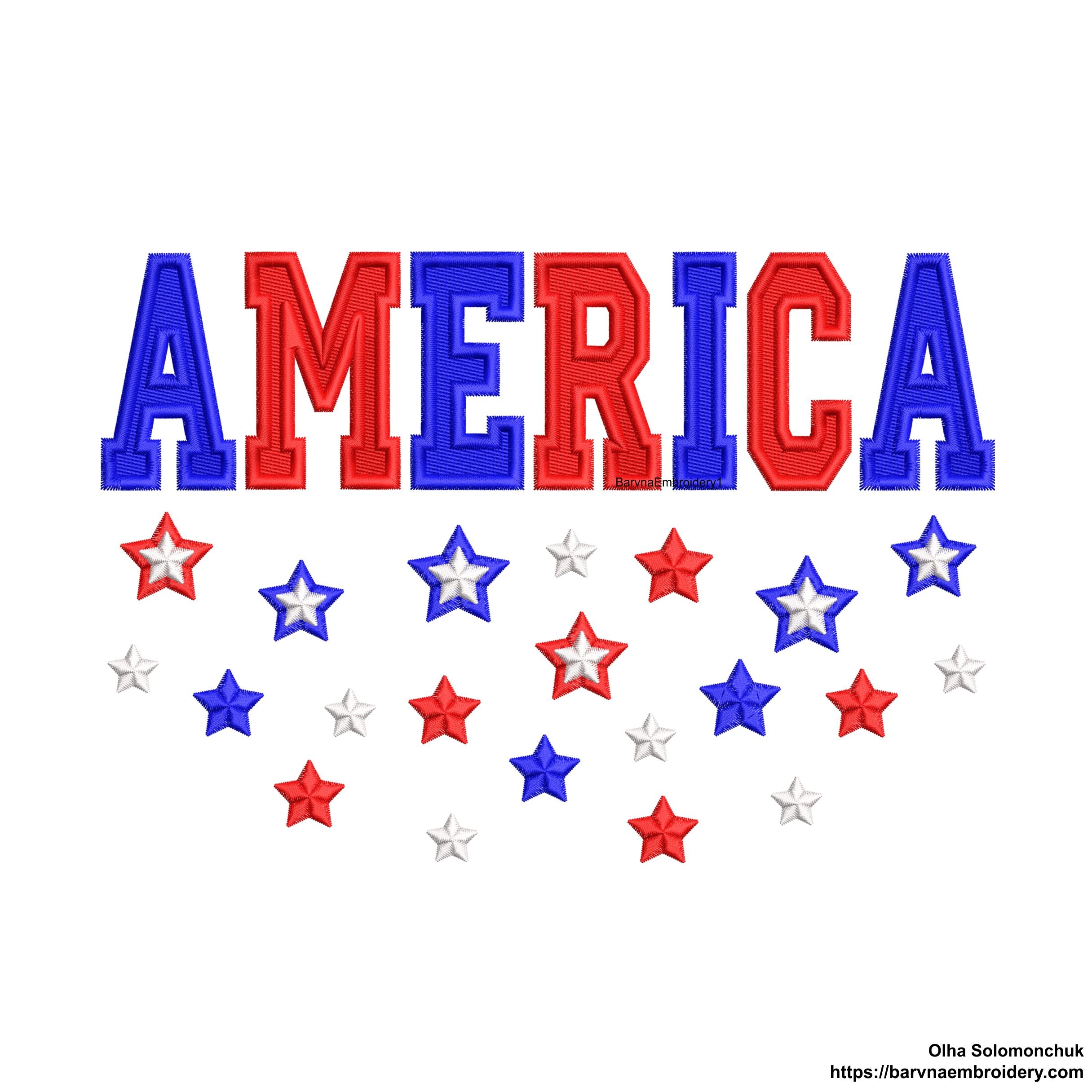 Machine embroidery design featuring the word “America” in bold red and blue letters with scattered red, white, and blue stars below, perfect for patriotic projects.