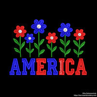 Machine embroidery design of the word “America” decorated with red, white, and blue flowers, perfect for patriotic crafts and 4th of July projects.