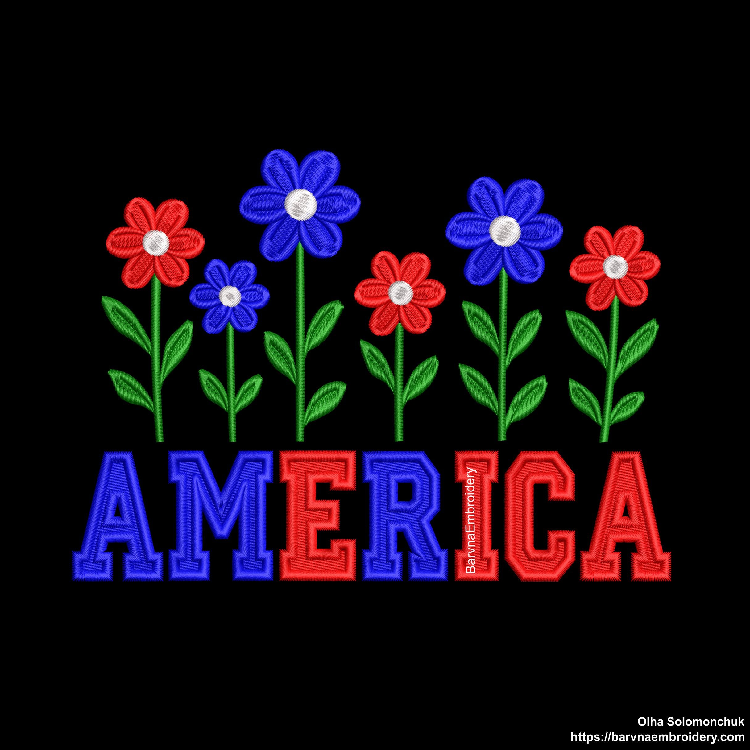 Machine embroidery design of the word “America” decorated with red, white, and blue flowers, perfect for patriotic crafts and 4th of July projects.