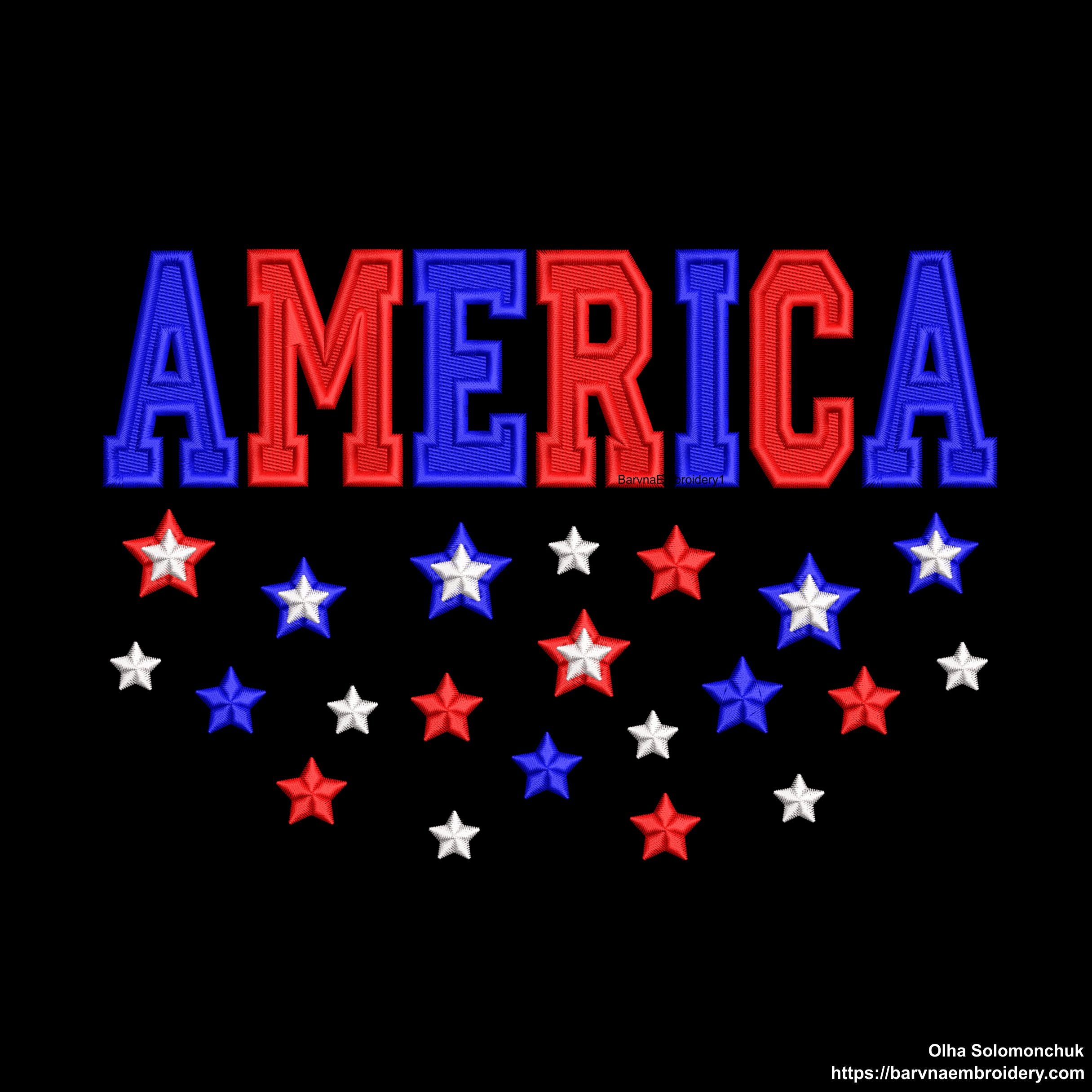 Machine embroidery design featuring the word “America” in bold red and blue letters with scattered red, white, and blue stars below, perfect for patriotic projects.