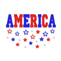 Machine embroidery design featuring the word “America” in bold red and blue letters with scattered red, white, and blue stars below, perfect for patriotic projects.