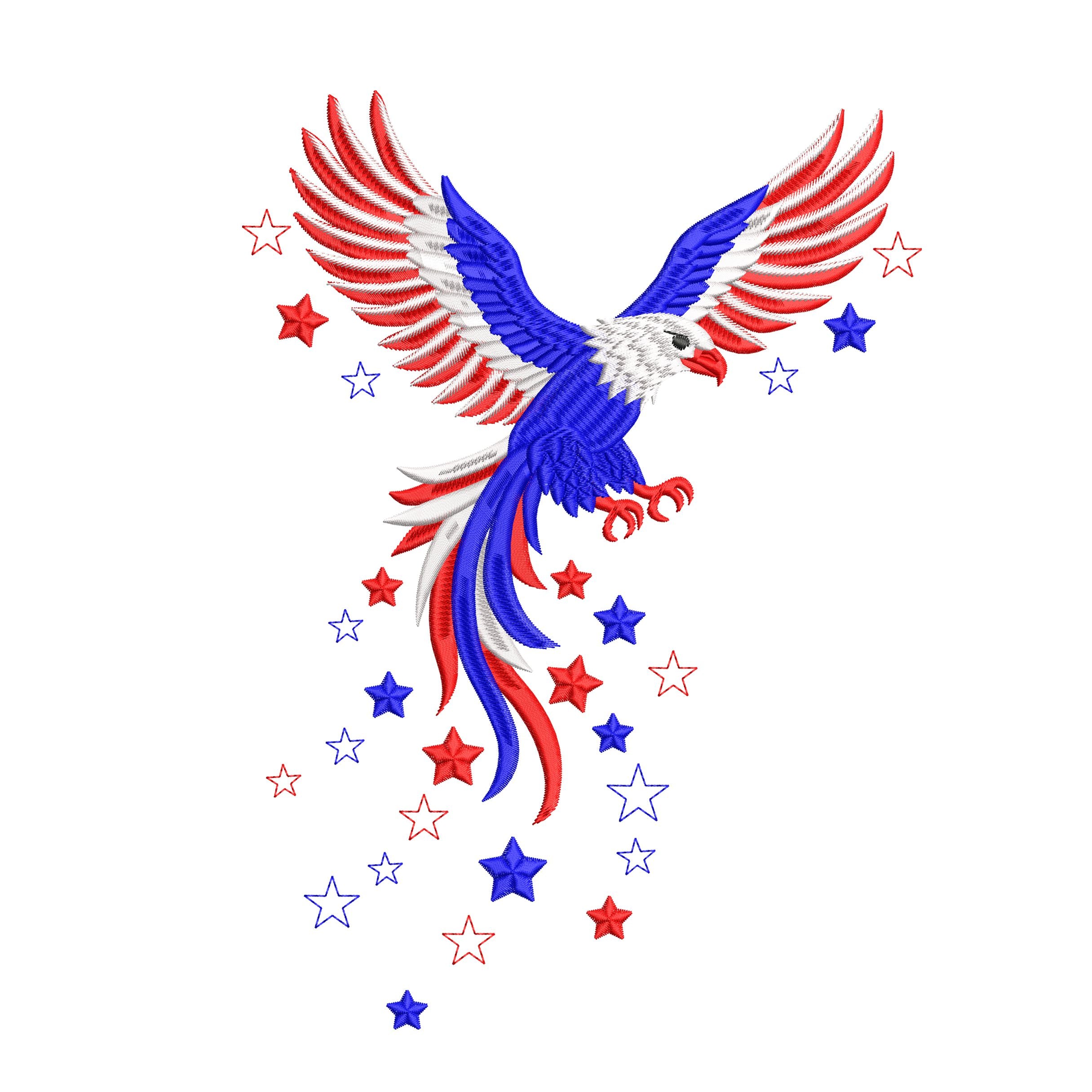 Patriotic machine embroidery design set with eagle and USA lettering in red white and blue colors