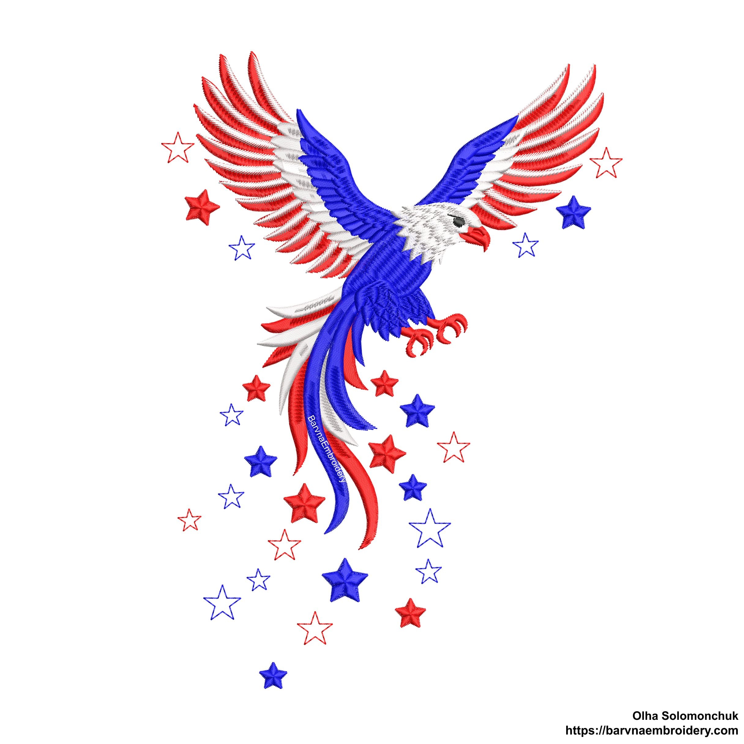 Machine embroidery design of an American eagle in red, white, and blue, with patriotic stars in flying motion, ideal for 4th of July and USA-themed projects.