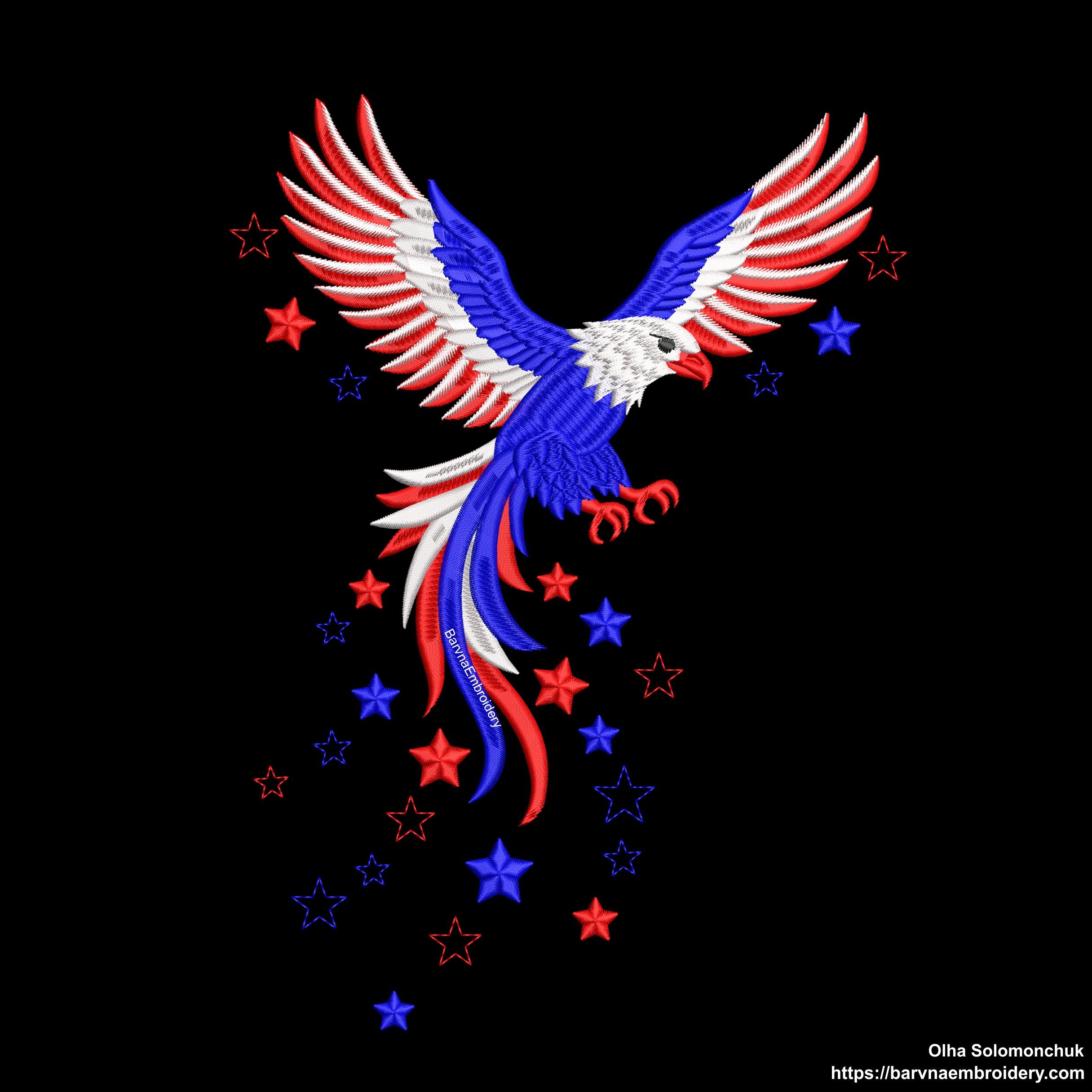Machine embroidery design of an American eagle in red, white, and blue, with patriotic stars in flying motion, ideal for 4th of July and USA-themed projects.