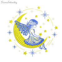 Machine embroidery design of angel girl sitting on the moon surrounded by stars, perfect for Christmas gifts and baby clothes.
