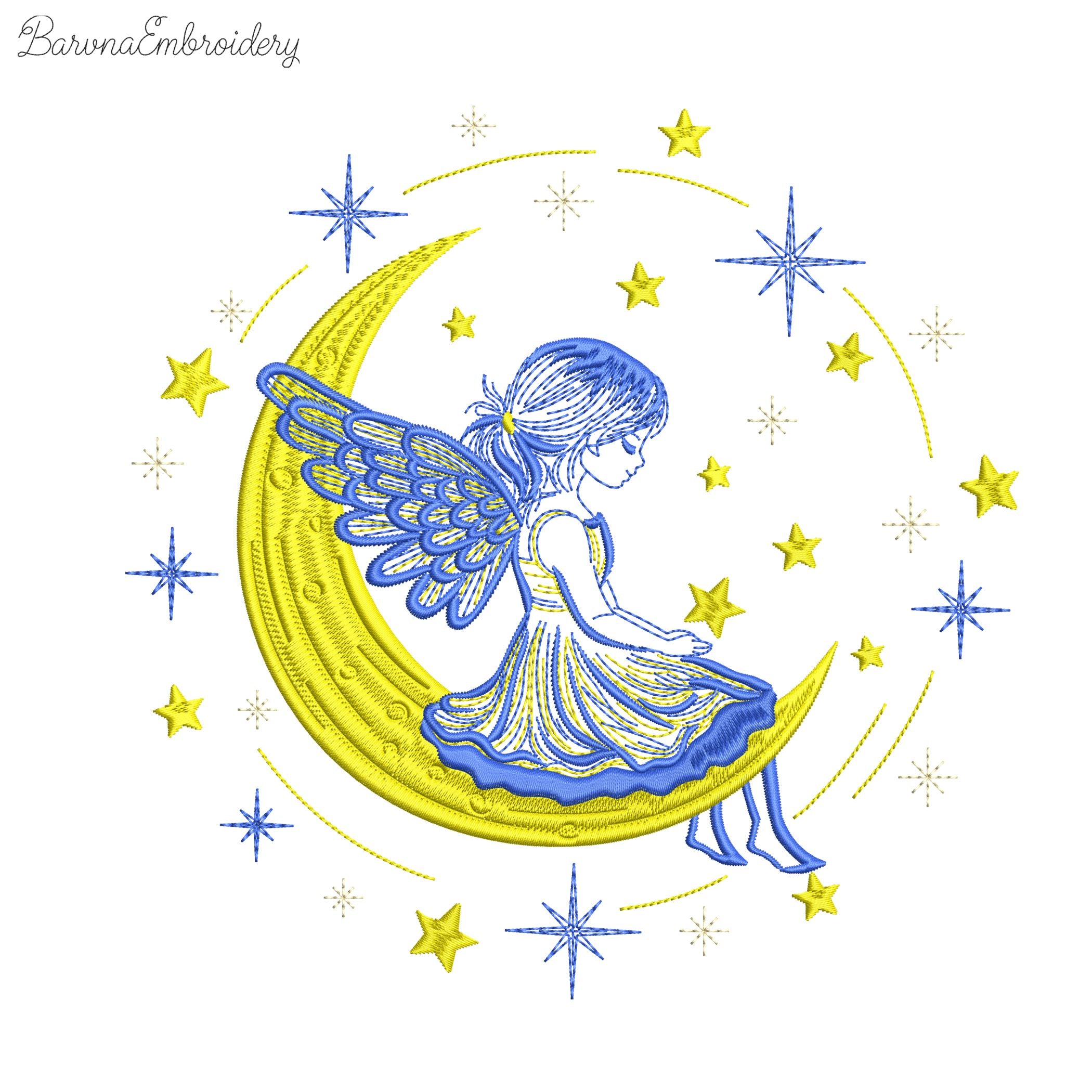 Machine embroidery design of angel girl sitting on the moon surrounded by stars, perfect for Christmas gifts and baby clothes.