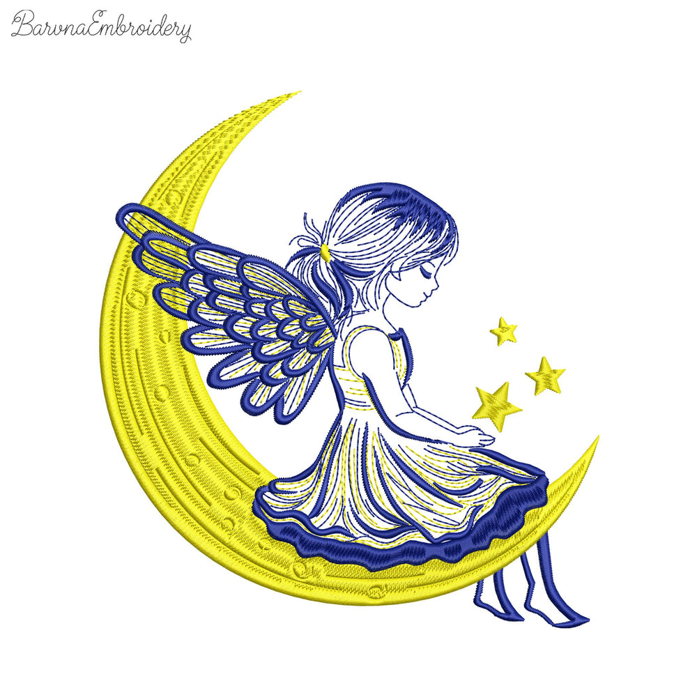 Angel girl sitting on the moon machine embroidery design, Christmas angel embroidery file for kids, 2-color easy stitch pattern
