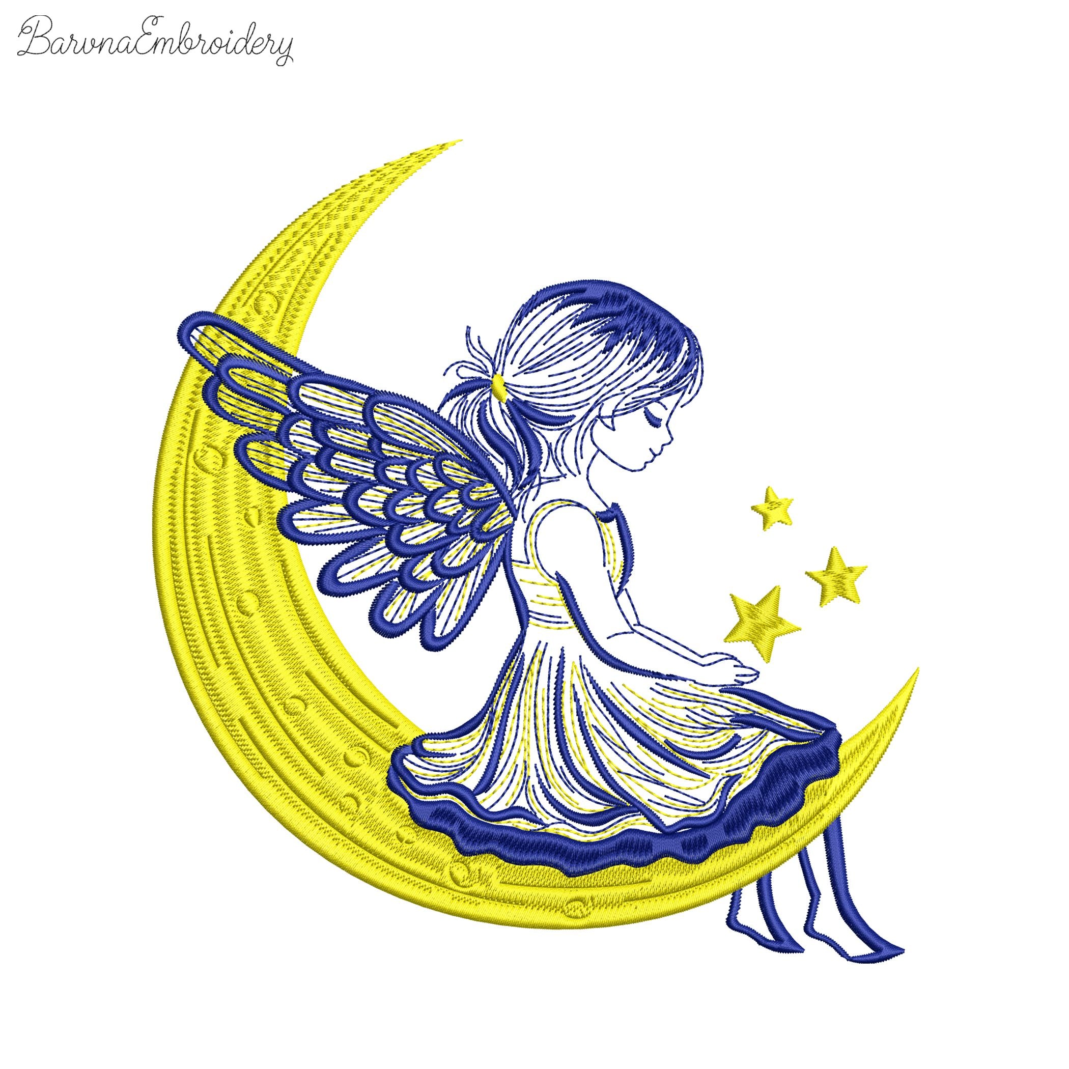 Angel girl sitting on the moon machine embroidery design, Christmas angel embroidery file for kids, 2-color easy stitch pattern